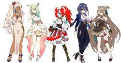 Rule 34 | 5girls, ahoge, animal ears, bare shoulders, black hair, blue eyes, blue hair, boots, bow, breasts, brown hair, ceres fauna, choker, commentary, crown, dark-skinned female, dark skin, detached sleeves, dress, earrings, elbow gloves, full body, gloves, green hair, hair between eyes, hakos baelz, high heels, highres, hololive, hololive english, hoop earrings, inasametakamori, jewelry, knee boots, large breasts, long hair, looking at viewer, medium breasts, mini crown, mouse ears, mouse girl, multicolored hair, multiple girls, nanashi mumei, one eye closed, open mouth, ouro kronii, pantyhose, ponytail, red hair, side ponytail, simple background, sleeveless, smile, standing, thigh strap, tongue, tsukumo sana, very long hair, virtual youtuber, white background, white hair, yellow eyes