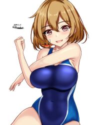 Rule 34 | 1girl, ahoge, bandaid, bandaid on face, blue one-piece swimsuit, blush, breasts, brown eyes, brown hair, competition swimsuit, covered navel, cowboy shot, crab, dated, exercise, highres, kantai collection, large breasts, looking at viewer, montemasa, oboro (kancolle), one-piece swimsuit, open mouth, short hair, simple background, smile, stretching, swimsuit, twitter username, two-tone swimsuit, white background