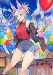Rule 34 | 1girl, alternate costume, amusement park, animal ears, balloon, bare shoulders, black jacket, blue eyes, blue shorts, blue sky, blush, breasts, carousel, castle, churro, cloud, day, fake animal ears, fate/grand order, fate (series), ferris wheel, food, high-waist shorts, highres, holding, holding food, jacket, large breasts, long hair, looking at viewer, medium breasts, miyamoto musashi (fate), mouth hold, nakaga eri, off shoulder, open clothes, open jacket, outdoors, pink hair, ponytail, popcorn, rabbit ears, red shirt, shirt, shorts, sky, solo, swept bangs, thighs