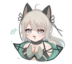 Rule 34 | 1girl, ahoge, animal ears, arknights, blue eyes, blush, bow, cat ears, chibi, collar, commentary request, dress, ear ribbon, fang, fish, hair between eyes, infection monitor (arknights), long hair, long sleeves, looking at viewer, mint (arknights), nyan, off-shoulder dress, off shoulder, open mouth, oversized clothes, own hands together, retxoxt, signature, simple background, sleeves past wrists, smile, solo, strap, upper body, water drop, white background, white hair