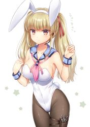 Rule 34 | 1girl, adapted costume, angel beats!, animal ears, black pantyhose, blonde hair, blue sailor collar, breasts, brown eyes, cowboy shot, fake animal ears, hair ribbon, headset, highres, leotard, long hair, medium breasts, microphone, nakamura hinato, neckerchief, pantyhose, pink neckerchief, playboy bunny, rabbit ears, rabbit tail, ribbon, sailor collar, scissors, solo, standing, star (symbol), starry background, strapless, strapless leotard, tail, thigh gap, thigh strap, twintails, white background, white pantyhose, wrist cuffs, yusa (angel beats!)