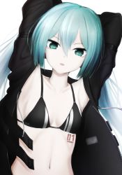 Rule 34 | 1girl, absurdres, armpits, arms behind head, arms up, bikini, black bikini, black coat, black rock shooter, black rock shooter (character), black rock shooter (character) (cosplay), blue hair, breasts, cleavage, coat, collarbone, cosplay, green eyes, hair between eyes, hatsune miku, highres, kkethics, long hair, looking at viewer, navel, number tattoo, open clothes, open coat, open mouth, small breasts, solo, swimsuit, tattoo, twintails, upper body, vocaloid, white background