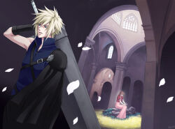 Rule 34 | 1boy, 1girl, aerith gainsborough, armor, black gloves, black sleeves, blonde hair, blue eyes, blue shirt, brown hair, church, cloud strife, cropped jacket, dress, falling petals, final fantasy, final fantasy vii, final fantasy vii advent children, full body, fusion swords, gloves, hair between eyes, high collar, indoors, jacket, parted lips, petals, pink dress, prima rosa, red jacket, shirt, short hair, shoulder armor, single sleeve, sitting, sleeveless, sleeveless shirt, spiked hair, square enix, upper body, weapon, weapon on back