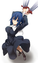 Rule 34 | 1girl, arms up, black dress, black keys (type-moon), blue eyes, blue hair, boots, boshi (a-ieba), breasts, ciel (tsukihime), closed mouth, commentary request, cross, cross-laced footwear, dress, dual wielding, habit, hair between eyes, highres, holding, holding sword, holding weapon, lace-up boots, large breasts, long dress, long sleeves, looking at viewer, nun, shadow, short hair, simple background, solo, sword, tsukihime, tsukihime (remake), weapon, white background, wind, wind lift