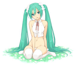 Rule 34 | 1girl, :d, aqua eyes, aqua hair, bare shoulders, between legs, blush, breasts, commentary, crop top, flower, full body, green eyes, green hair, hair flower, hair ornament, hand between legs, hatsune miku, long hair, looking at viewer, midriff, morisawa haruyuki, navel, no shoes, open mouth, panties, ribbon, scrunchie, simple background, sitting, sleeveless, smile, solo, thighhighs, twintails, underwear, very long hair, vocaloid, wariza, white background, white panties, white thighhighs