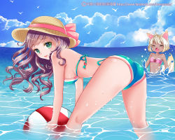 Rule 34 | 2girls, :d, ^ ^, animal ears, ass, ball, bikini, breasts, brown hair, cat ears, cat tail, closed eyes, copyright request, dark skin, dark-skinned female, covered erect nipples, closed eyes, fang, flat chest, green eyes, hat, hat ribbon, highres, long hair, multiple girls, ocean, open mouth, partially submerged, ribbon, sideboob, smile, straw hat, swimsuit, tail, wading, water, wavy hair, wet, yueliang xiao haibao