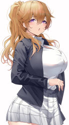 Rule 34 | 1girl, :o, absurdres, black jacket, blonde hair, breasts, collared shirt, from side, highres, jacket, konoe kanata, large breasts, long hair, long sleeves, looking at viewer, looking to the side, love live!, love live! nijigasaki high school idol club, namazu (yamasonson), open clothes, open jacket, open mouth, ponytail, purple eyes, shirt, shirt tucked in, simple background, skirt, white background, white shirt, white skirt