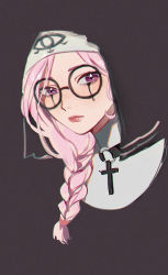 Rule 34 | 1girl, blush, braid, brown background, closed mouth, cross, cross necklace, film grain, glasses, habit, hair over shoulder, highres, identity v, jewelry, latin cross, long hair, looking at viewer, necklace, nun, pink hair, round eyewear, runny makeup, single braid, solo, veil, yp (pypy 5 )