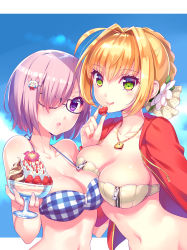 Rule 34 | 2girls, adapted costume, ahoge, bikini, black-framed eyewear, blonde hair, blue bikini, blush, braid, character doll, closed mouth, cup, day, fate/grand order, fate (series), flower, food, fou (fate), french braid, fruit, green eyes, hair flower, hair intakes, hair ornament, hair over one eye, hairclip, hand up, holding, holding cup, holding food, hood, hoodie, looking at viewer, mash kyrielight, mash kyrielight (senpai killer outfit), multiple girls, navel, nero claudius (bride) (fate), nero claudius (fate), nero claudius (fate) (all), nishimura eri, official alternate costume, open clothes, open hoodie, outdoors, plaid, plaid bikini, purple eyes, purple hair, sidelocks, smile, strawberry, swimsuit, upper body, white flower, zipper