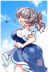 Rule 34 | 1girl, aircraft, airplane, artist logo, ass, black hair, blue dress, blue sky, breasts, closed eyes, cloud, commentary request, contrail, cowboy shot, dated, dress, folded ponytail, hair flaps, hair ornament, hairclip, highres, jingei (kancolle), kantai collection, kutone shirika, large breasts, long hair, official alternate costume, ponytail, red eyes, skirt hold, sky, solo, two-tone dress