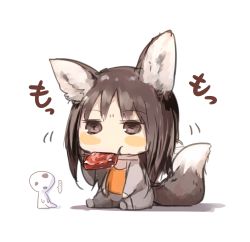 Rule 34 | 1girl, animal ears, blush stickers, brown eyes, brown hair, chibi, eating, fox ears, fox tail, highres, jitome, looking at viewer, mouth hold, original, simple background, sitting, sketch, solo, sukemyon, tail, tail wagging, white background