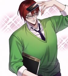 Rule 34 | 1boy, artist name, clipboard, collared shirt, fingernails, glasses, green sweater, highres, hisoka morow, hunter x hunter, layered sleeves, looking at viewer, male focus, necktie, notepad, raisinripe, red hair, sharp fingernails, shirt, sleeves rolled up, solo, sweater, upper body, white background, white shirt, yellow eyes