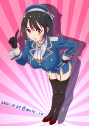 Rule 34 | 1girl, angry, ascot, beret, black gloves, black hair, black thighhighs, blue hat, blue jacket, blue skirt, breasts, dated, duplicate, ecchi nano wa ikenai to omoimasu, emphasis lines, full body, garter straps, gloves, hair between eyes, hat, high heels, jacket, kantai collection, large breasts, military, military uniform, miniskirt, moke ro, open mouth, pink background, pixel-perfect duplicate, red eyes, red footwear, shadow, shirt, short hair, skirt, solo, takao (kancolle), thighhighs, twitter username, uniform, white shirt