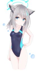 Rule 34 | 1girl, adjusting clothes, adjusting swimsuit, animal ear fluff, animal ears, black one-piece swimsuit, blue archive, blue eyes, breasts, commentary request, competition swimsuit, cowboy shot, grey hair, highleg, highleg swimsuit, highres, langley1000, looking at viewer, medium hair, one-piece swimsuit, shiroko (blue archive), shiroko (swimsuit) (blue archive), simple background, small breasts, solo, standing, swimsuit, white background