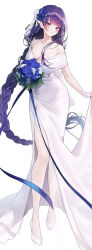 Rule 34 | 1girl, absurdres, alternate costume, artist name, bare shoulders, blue flower, blunt bangs, bouquet, bow, braid, breasts, cleavage, collarbone, commentary, dress, fingerless gloves, floating hair, flower, full body, genshin impact, gloves, hair bow, hair flower, hair ornament, high heels, highres, holding, holding bouquet, large breasts, long hair, looking at viewer, meoyo, mole, mole under eye, open mouth, parted lips, purple eyes, purple hair, raiden shogun, sidelocks, simple background, solo, upper body, white background, white bow, white dress, white flower, white footwear, white gloves
