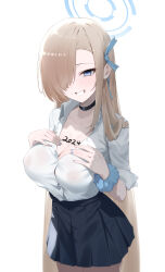 Rule 34 | 1girl, absurdres, asuna (blue archive), blue archive, blue eyes, body writing, breasts, cleavage, covered erect nipples, dated, dongye1551, grin, hair over one eye, halo, hand on own chest, highres, large breasts, long hair, looking at viewer, mole, nipples, pleated skirt, school uniform, see-through, shirt, skirt, smile, solo, very long hair, white shirt