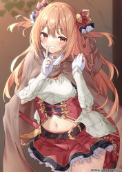 Rule 34 | 1girl, absurdres, blush, breasts, brown eyes, finger to mouth, fingerless gloves, frilled skirt, frills, gloves, grin, highres, long hair, looking at viewer, medium breasts, navel, nozomi (princess connect!), orange hair, princess connect!, shushing, skirt, smile, solo, very long hair, yamano rokamizu