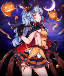 Rule 34 | 10s, 1girl, animal ears, artistic error, backless outfit, bare back, belt, blue hair, brown eyes, cloak, crescent moon, earrings, erune, ferry (granblue fantasy), ferry (halloween) (granblue fantasy), gloves, granblue fantasy, halloween, halloween costume, hat, jack-o&#039;-lantern, jacket, jacket on shoulders, jewelry, long hair, looking back, maru (sw1tch), mini hat, mini top hat, moon, night, no panties, rabbit ears, skirt, solo, star (sky), striped clothes, striped skirt, top hat, whip