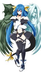 Rule 34 | 1girl, angel wings, asymmetrical wings, bare shoulders, belt, black wings, blue hair, blush, breasts, center opening, choker, cleavage, commission, detached sleeves, dizzy (guilty gear), frown, full body, guilty gear, guilty gear x, guilty gear xx, hair between eyes, hair ribbon, hair rings, high heels, highres, large breasts, leg up, long sleeves, looking at viewer, midriff, navel, necro (guilty gear), puffy long sleeves, puffy sleeves, red eyes, ribbon, rise (rise19851203), shoes, simple background, skeb commission, solo, tail, twintails, undine (guilty gear), white background, white footwear, white wings, wings, yellow ribbon