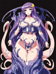Rule 34 | 1girl, black background, blush, breasts, crescent moon, female focus, ishimiso (ishimura), large breasts, living armor, living clothes, long hair, moon, navel, patchouli knowledge, purple eyes, purple hair, simple background, solo, tentacles, touhou