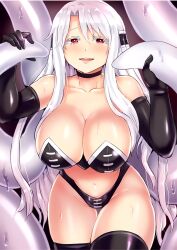 Rule 34 | 1girl, black collar, black gloves, breasts, cleavage, collar, detached collar, diana filion, elbow gloves, gloves, highres, holding tentacle, large breasts, long hair, looking at viewer, navel, open mouth, red eyes, solo, tentacles, white hair, yuusha ga shinda!