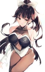 Rule 34 | 1girl, azur lane, bare shoulders, black bodysuit, black leotard, bodysuit, bow, breasts, cleavage, cleavage cutout, clothing cutout, elbow gloves, fingerless gloves, gloves, highres, impossible clothes, irohatomo, large breasts, leotard, long hair, multicolored leotard, pantyhose, race queen, takao (azur lane), takao (full throttle charmer) (azur lane), two-tone leotard, unitard, very long hair, white bow, white leotard