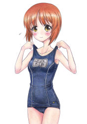 Rule 34 | 1girl, blush, cameltoe, clothes pull, collarbone, commentary request, competition school swimsuit, girls und panzer, hidaka medaka, highres, looking at viewer, name tag, nishizumi miho, one-piece swimsuit pull, orange hair, school swimsuit, simple background, solo, standing, strap lift, swimsuit, thighs, white background, yellow eyes