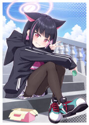 Rule 34 | 1girl, animal ears, animal hood, black hair, black jacket, black pantyhose, blue archive, blue sky, cloud, commentary request, crossed legs, day, fake animal ears, food, grin, halo, harada (sansei rain), highres, hood, hood down, hooded jacket, jacket, kazusa (blue archive), knees up, long sleeves, looking at viewer, macaron, multicolored hair, outdoors, outstretched arm, pantyhose, pastry box, pink hair, pleated skirt, puffy long sleeves, puffy sleeves, railing, red eyes, shoes, sitting, sitting on stairs, skirt, sky, sleeves past wrists, smile, solo, stairs, streaked hair, two-tone hair, v, white footwear, white skirt