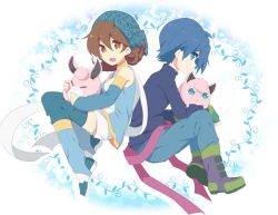 Rule 34 | 1boy, 1girl, :d, back-to-back, bandana, blue eyes, blue hair, boots, breasts, brown eyes, brown hair, closed eyes, commentary request, creatures (company), detached sleeves, full body, game freak, gen 1 pokemon, hair between eyes, holding, holding pokemon, hug, jigglypuff, long sleeves, looking at viewer, looking to the side, medium hair, mint (pokemon), nintendo, on lap, open mouth, pants, pokemon, pokemon (creature), pokemon on lap, pokemon tcg, pokemon tcg gb, ronald (pokemon), shoes, sitting, small breasts, smile, tarrsu eee, wigglytuff