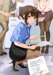 Rule 34 | 3girls, :o, absurdres, black footwear, blue shirt, breasts, brown eyes, brown hair, cleavage, collared shirt, douki-chan (douki-chan), ganbare douki-chan, head out of frame, heel up, high-waist skirt, high heels, highres, holding, holding paper, id card, kouhai-chan (douki-chan), lanyard, large breasts, leaning forward, looking at viewer, mikanoisi, multiple girls, office, office lady, open mouth, pantyhose, paper, papers, pencil skirt, picking up, ponytail, pov, pov hands, senpai-san (douki-chan), shirt, short ponytail, skirt, small breasts, solo focus, squatting