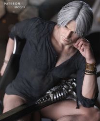 Rule 34 | 1boy, 3d, artist name, black shirt, bracelet, chair, dante (devil may cry), devil may cry (series), devil may cry 5, devil sword dante, facial hair, flaccid, grey hair, hand on own cheek, hand on own face, head rest, jewelry, male focus, mo0nxart, naked shirt, on chair, paid reward available, patreon username, pectorals, penis, shirt, short hair, sitting, sleeves rolled up, solo, sword, thick thighs, thighs, weapon, wristband