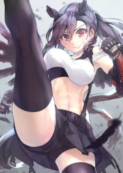 Rule 34 | 1girl, abs, animal ears, bare shoulders, bike shorts, black feathers, black gloves, black hair, black shorts, black skirt, black thighhighs, blush, breasts, commentary request, cosplay, cowboy shot, crop top, feathers, final fantasy, final fantasy vii, final fantasy vii remake, fingerless gloves, gloves, grey background, hair between eyes, horse ears, kurokoma saki, large breasts, leg up, long hair, looking at viewer, midriff, miniskirt, pegasus wings, pleated skirt, ponytail, red eyes, short shorts, shorts, shorts under skirt, skirt, smile, solo, stomach, strap slip, suspenders, syuri22, tank top, thighhighs, thighs, tifa lockhart, tifa lockhart (cosplay), toned, touhou, unaligned breasts, very long hair, white tank top, wings