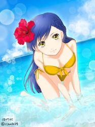 Rule 34 | all fours, alternate costume, bare arms, bare legs, bikini, blue hair, bow, bracelet, braid, breasts, cleavage, closed mouth, collarbone, dated, day, dutch angle, flower, front-tie bikini top, front-tie top, hair flower, hair ornament, hibiscus, honzuki no gekokujou, jewelry, lens flare, long hair, looking at viewer, myne (honzuki no gekokujou), medium breasts, ocean, outdoors, red flower, ribbon, side-tie bikini bottom, smile, solo, summer, swept bangs, swimsuit, twitter username, very long hair, yellow bikini, yellow bow, yellow eyes, yellow ribbon, yuuko24