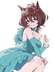 Rule 34 | 1girl, agnes tachyon (umamusume), ahoge, animal ears, aqua dress, aqua nails, bare shoulders, breasts, brown hair, choker, closed mouth, detached sleeves, dress, flower, hair between eyes, hair flower, hair ornament, highres, horse ears, invisible chair, looking at viewer, medium hair, red eyes, simple background, sitting, small breasts, smile, solo, strapless, strapless dress, umamusume, watou, white background