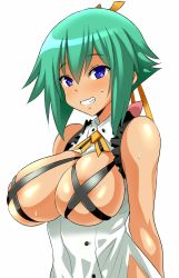 Rule 34 | 10s, 1girl, aquarion (series), aquarion evol, blue eyes, blush, breasts, covered erect nipples, green hair, grin, hair ribbon, konno tohiro, large breasts, looking at viewer, revealing clothes, ribbon, short hair, sleeveless, smile, solo, sweat, upper body, zessica wong