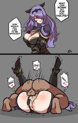 Rule 34 | 1boy, 1girl, anus, armor, ass, breasts, camilla (fire emblem), cleavage, clothing aside, cum, cum in pussy, dark-skinned male, dark skin, english text, fire emblem, fire emblem fates, hair over one eye, hetero, high heels, highres, instant loss, interracial, large breasts, large penis, legs up, long hair, matching hair/eyes, mating press, moaning, nintendo, panties, panties aside, penis, purple eyes, purple hair, sex, testicles, uncensored, underwear, vaginal, verymediocre