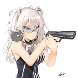 Rule 34 | 1girl, ahoge, aiming, animal ears, black nails, black shirt, breasts, cleavage, ear piercing, fingernails, grey eyes, gun, h&amp;k hk45, hair between eyes, handgun, headset, holding, holding gun, holding weapon, hololive, impossible clothes, impossible shirt, jewelry, large breasts, lion ears, long hair, looking away, mocacoco339, nail polish, necklace, piercing, pistol, safety glasses, see-through, see-through cleavage, shirt, shishiro botan, shishiro botan (1st costume), silver hair, simple background, skin tight, sleeveless, sleeveless shirt, ssrb (shishiro botan), two side up, upper body, virtual youtuber, weapon, white background