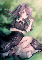 Rule 34 | 1girl, black bow, black dress, blue eyes, blush, bow, brown footwear, brown hair, collared dress, commentary request, dress, eyes visible through hair, grass, hair bow, hair over one eye, hand up, highres, jewelry, loafers, long hair, looking at viewer, lying, moe2020, nishina kakeri, on grass, on side, one side up, original, parted lips, pendant, shoes, short sleeves, socks, solo, striped, striped bow, white socks, wide sleeves