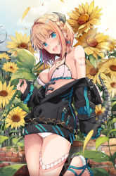Rule 34 | 1girl, :d, aqua eyes, arm support, bare shoulders, bikini, black jacket, blonde hair, blue footwear, blurry, blush, breasts, brick wall, bubble, cleavage, cloud, day, depth of field, falling leaves, flower, hair ornament, halterneck, head tilt, hirai yuzuki, holding, holding flower, horns, jacket, leaf, leg up, long sleeves, looking at viewer, medium breasts, multicolored hair, off shoulder, open clothes, open jacket, open mouth, original, outdoors, petals, puffy long sleeves, puffy sleeves, red hair, round teeth, sandals, sidelocks, skeleton, sky, sleeves past wrists, slippers, smile, solo, standing, standing on one leg, streaked hair, sunflower, swimsuit, tail, tattoo, teeth, thigh strap, upper teeth only, white bikini, yellow flower