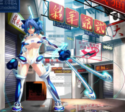 Rule 34 | 1girl, ahoge, android, animal ears, aqua eyes, blue eyes, blue footwear, blue hair, boots, breasts, cable, cat ears, chinese text, elbow gloves, gloves, glowing, glowing eyes, large breasts, matching hair/eyes, midriff, open mouth, original, reflection, shiki (psychedelic g2), short hair, sign, solo, thigh boots, thighhighs, turtleneck, underboob, water