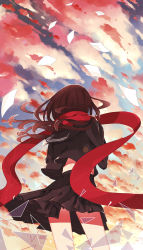 Rule 34 | 1girl, absurdres, cloud, enpera, from behind, hair ornament, hairclip, highres, kagerou project, levi9452, long hair, paper, red scarf, scarf, school uniform, serafuku, solo, tateyama ayano