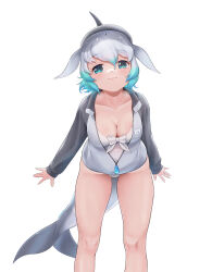 Rule 34 | 1girl, bare legs, beleven, blowhole, blue eyes, blue hair, blush, bow, bowtie, cetacean tail, collarbone, common bottlenose dolphin (kemono friends), cowboy shot, dolphin girl, dorsal fin, fins, fish tail, grey hair, grey sweater, hair between eyes, head fins, highres, kemono friends, kemono friends 3, long sleeves, looking at viewer, multicolored hair, one-piece swimsuit, sidelocks, solo, sweater, swimsuit, tail, two-tone sweater, white bow, white bowtie, white hair, white one-piece swimsuit