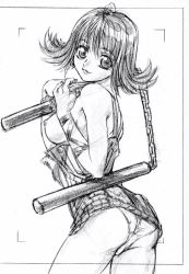 Rule 34 | 1990s (style), 1girl, ass, back, breasts, clothes lift, dress, dress lift, final fantasy, final fantasy viii, flipped hair, from behind, greyscale, looking back, monochrome, nipples, nunchaku, nunchucks, panties, retro artstyle, selphie tilmitt, short dress, short hair, sideboob, sketch, small breasts, smile, solo, square enix, underwear, unzipped, weapon, yokota mamoru