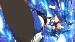 Rule 34 | 1girl, blue background, blue eyes, blue hair, blue theme, blue thighhighs, bodysuit, boots, gloves, hair ornament, happy, henshin, kicking, long hair, looking at viewer, matching hair/eyes, mecha musume, open mouth, ore twintail ni narimasu, smile, solo, tailblue, thighhighs, thighs, transformation, tsube aika, twintails, yuto (dialique)
