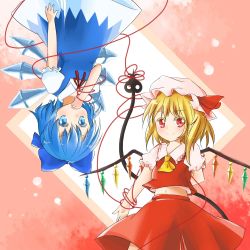 Rule 34 | 2girls, aaaabo, arm behind back, ascot, bad id, bad pixiv id, blonde hair, blue eyes, blue hair, bow, cirno, colored eyelashes, dress, fairy wings, finger in own mouth, flandre scarlet, hair bow, hand in mouth, hat, hat ribbon, highres, ice, ice wings, laevatein, looking at viewer, midriff, multiple girls, navel, open mouth, red eyes, ribbon, shirt, short sleeves, side ponytail, skirt, skirt set, smile, string, string of fate, thread, touhou, upside-down, wings