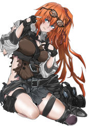 Rule 34 | 1girl, black skirt, blue eyes, blush, breasts, broken eyewear, brown vest, collared shirt, commission, gas mask, girls&#039; frontline, kalina (girls&#039; frontline), kimuwaipu, knee pads, large breasts, long hair, looking at viewer, mask, orange hair, shirt, side ponytail, single knee pad, skeb commission, skirt, smile, solo, thighs, torn, torn clothes, vest, white background, white shirt