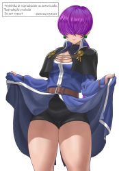 Rule 34 | 1girl, belt, breasts, capelet, cleavage, clothes lift, cosplay, covered eyes, earrings, goenitz, goenitz (cosplay), highres, jewelry, kkzk61539201, purple hair, shermie (kof), shorts, skirt, skirt lift, the king of fighters, thighs