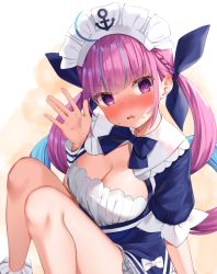 Rule 34 | 1girl, @ @, ahoge, anchor print, blue bow, blue bowtie, blue dress, blue hair, blue ribbon, blush, bow, bowtie, braid, breasts, cleavage, colored inner hair, commentary request, dress, drill hair, hair ribbon, hand up, highres, hololive, k mugura, knees up, large breasts, looking at viewer, maid headdress, minato aqua, minato aqua (1st costume), multicolored hair, parted lips, pink hair, purple eyes, ribbon, short sleeves, sitting, solo, sweat, twin drills, twintails, two-tone hair, virtual youtuber, wrist cuffs, ||/