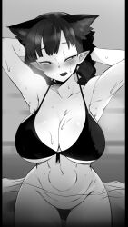 Rule 34 | 1girl, animal ears, arms behind head, bikini, blush, breasts, cat ears, cat girl, cleavage, commentary, extra ears, greyscale, groin, highres, kaenbyou rin, large breasts, looking at viewer, mizuga, monochrome, navel, pointy ears, solo, sweat, swimsuit, symbol-only commentary, touhou