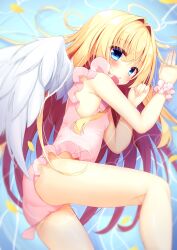 Rule 34 | 1girl, :o, angel, angel wings, ass, bare arms, bare legs, blonde hair, blue eyes, blush, breasts, feet out of frame, frilled one-piece swimsuit, frilled wristband, frills, from above, from side, hair intakes, hair spread out, halo, hands up, highres, hiragana iroiro, knee up, long hair, looking at viewer, looking to the side, lying, one-piece swimsuit, open mouth, original, partially submerged, pink one-piece swimsuit, shallow water, sideways glance, small breasts, solo, swimsuit, very long hair, water, white wings, wings